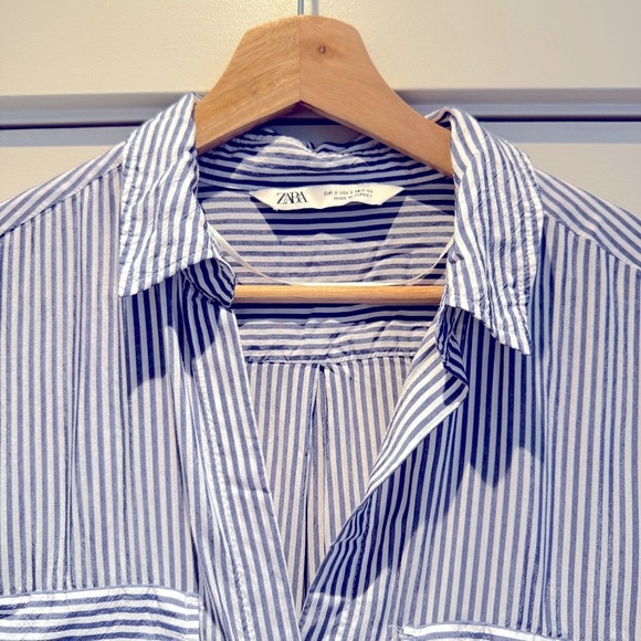 Zara Blue White Striped Viscose ButtonDown Collared Blouse, Sz S, Parisian Style - Picture 6 of 15